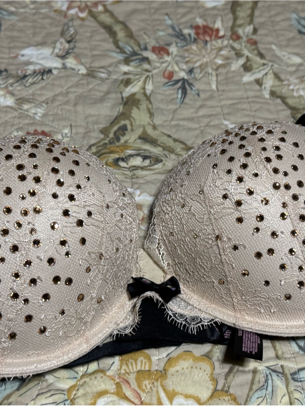 Victoria's Secret Nude Lace Push-Up Bra with rhinestones.